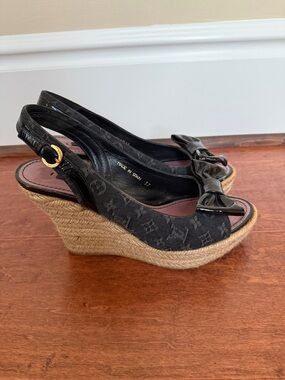 Louis Vuitton Black Monogram Espadrille Wedge Slingbacks with Patent Bow